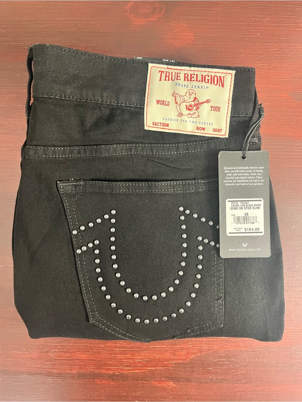 True Religion Jeans Geno SN Stud Slim 36x32 Black Rinse Cotton NWT MSRP $159